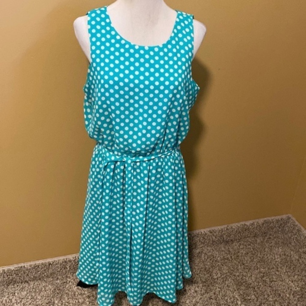 Sleeveless Teal Polka Dot Belted Dress